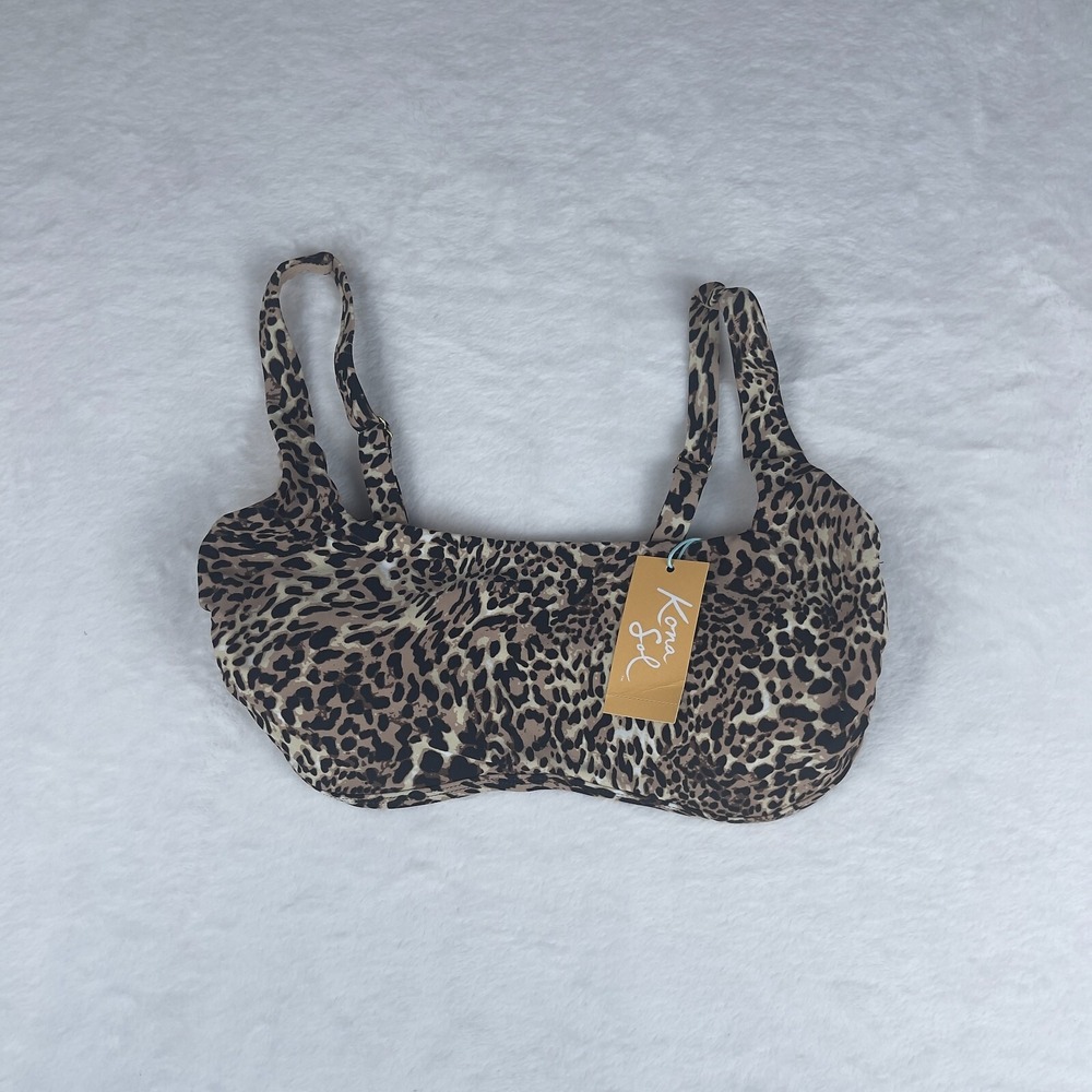 Kona Sol Bikini Top Women Medium Brown Leopard Print Square Neck Stretch Comfort